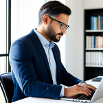 A professional individual, fully clothed in appropriate business casual attire, focused intently on a sleek laptop in a modern, sunlit home office. The background features a blurred bookshelf with educational books and a minimalist desk setup with a tablet displaying data visualizations. Soft, natural light illuminates the scene, suggesting a peaceful yet productive atmosphere. The image conveys the essence of self-learning in the digital age, highlighting the role of AI as a personal mentor, with subtle digital overlays representing data and online resources. High-resolution, professional photography, clean composition, perfect anatomy, correct proportions, natural pose, well-formed hands, proper finger count, natural body proportions, safe for work, appropriate content, fully clothed, modest clothing, family-friendly.