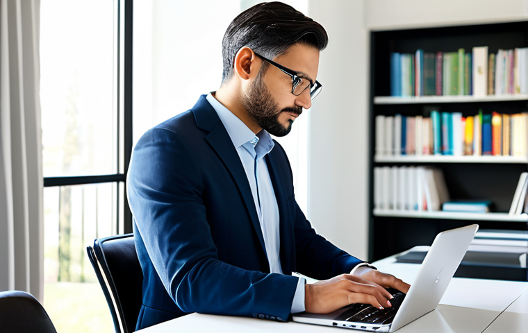 A professional individual, fully clothed in appropriate business casual attire, focused intently on a sleek laptop in a modern, sunlit home office. The background features a blurred bookshelf with educational books and a minimalist desk setup with a tablet displaying data visualizations. Soft, natural light illuminates the scene, suggesting a peaceful yet productive atmosphere. The image conveys the essence of self-learning in the digital age, highlighting the role of AI as a personal mentor, with subtle digital overlays representing data and online resources. High-resolution, professional photography, clean composition, perfect anatomy, correct proportions, natural pose, well-formed hands, proper finger count, natural body proportions, safe for work, appropriate content, fully clothed, modest clothing, family-friendly.
