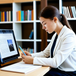 A professional individual in modest business attire, deeply focused while engaging with educational content on a sleek digital tablet. They are seated at a clean, contemporary desk in a brightly lit, modern office environment, with shelves of diverse books and a large monitor displaying abstract data visualizations in the background, symbolizing the vastness of knowledge. The atmosphere is calm and conducive to learning, highlighting personal development. safe for work, appropriate content, fully clothed, professional, perfect anatomy, correct proportions, natural pose, well-formed hands, proper finger count, natural body proportions, high quality.