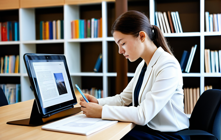 A professional individual in modest business attire, deeply focused while engaging with educational content on a sleek digital tablet. They are seated at a clean, contemporary desk in a brightly lit, modern office environment, with shelves of diverse books and a large monitor displaying abstract data visualizations in the background, symbolizing the vastness of knowledge. The atmosphere is calm and conducive to learning, highlighting personal development. safe for work, appropriate content, fully clothed, professional, perfect anatomy, correct proportions, natural pose, well-formed hands, proper finger count, natural body proportions, high quality.