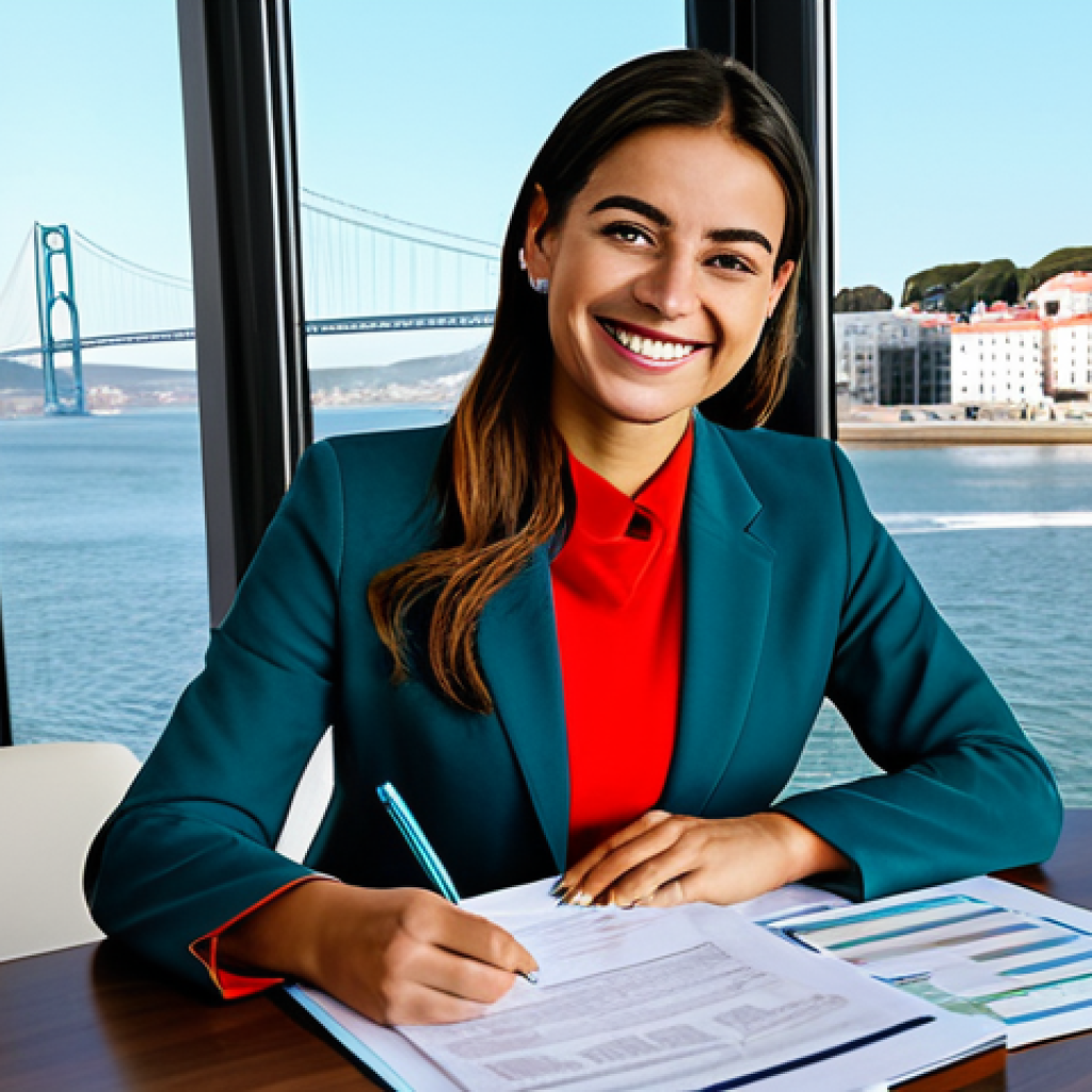 **

"A successful businesswoman in a vibrant, modern office in Lisbon, Portugal, fully clothed in a stylish but modest business suit. Large windows overlook the Tagus River. She is smiling confidently while reviewing documents. Safe for work, appropriate content, professional attire, perfect anatomy, natural pose, high quality."

**