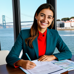 **

"A successful businesswoman in a vibrant, modern office in Lisbon, Portugal, fully clothed in a stylish but modest business suit. Large windows overlook the Tagus River. She is smiling confidently while reviewing documents. Safe for work, appropriate content, professional attire, perfect anatomy, natural pose, high quality."

**