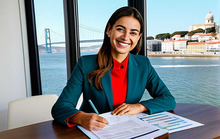 **

"A successful businesswoman in a vibrant, modern office in Lisbon, Portugal, fully clothed in a stylish but modest business suit. Large windows overlook the Tagus River. She is smiling confidently while reviewing documents. Safe for work, appropriate content, professional attire, perfect anatomy, natural pose, high quality."

**