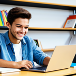 A Student Exploring a Digital Learning Platform**

"A young adult student, fully clothed in casual and comfortable attire, sitting at a desk with a laptop, browsing an online learning platform. The room is bright and modern, with bookshelves in the background. The student is smiling and appears engaged with the material. Appropriate content, safe for work, professional learning environment, perfect anatomy, natural proportions, family-friendly."

**