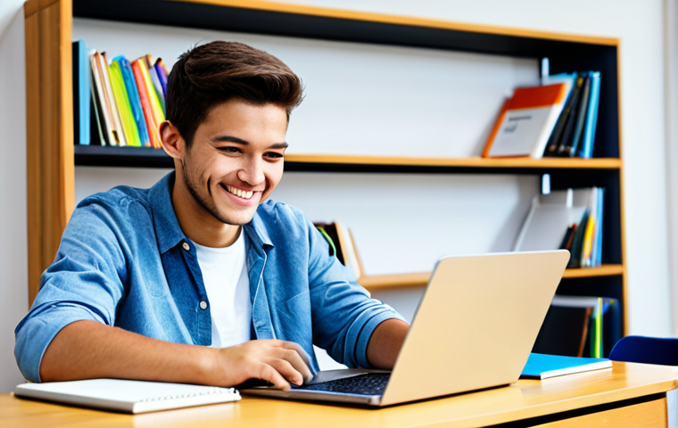 A Student Exploring a Digital Learning Platform**

"A young adult student, fully clothed in casual and comfortable attire, sitting at a desk with a laptop, browsing an online learning platform. The room is bright and modern, with bookshelves in the background. The student is smiling and appears engaged with the material. Appropriate content, safe for work, professional learning environment, perfect anatomy, natural proportions, family-friendly."

**