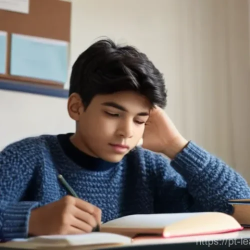 자기 주도 학습에서의 자기 표현의 중요성 - **Prompt:** A young student, approximately 18 years old, with a thoughtful expression, is seated at ...