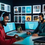 Home 21 자기 주도 학습의 실천을 위한 커뮤니티 참여 - A diverse group of young adults engaged in a vibrant online learning community on Discord, with mult...
