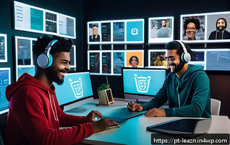 자기 주도 학습의 실천을 위한 커뮤니티 참여 - A diverse group of young adults engaged in a vibrant online learning community on Discord, with mult...